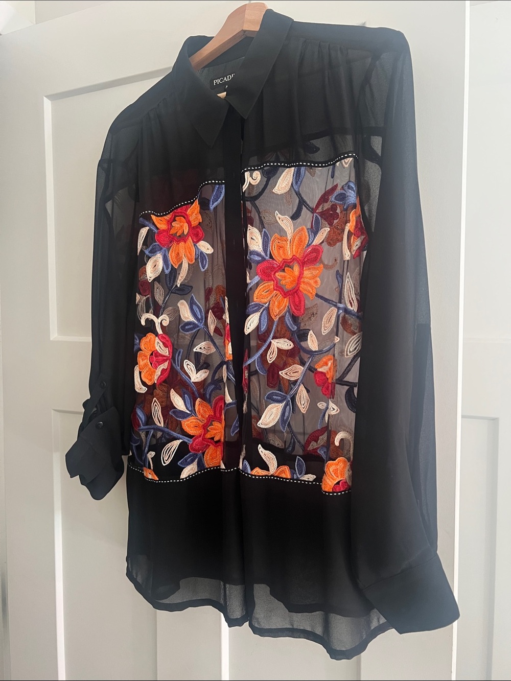 Picadilly Fashion Black Sheer Blouse with Bright Floral Embroidery